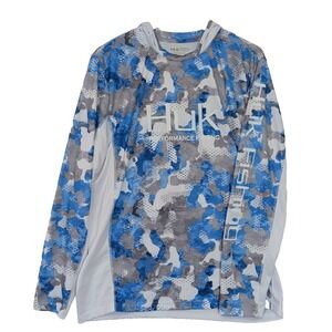 Huk Performance Hoodie Shirt Men L Icon X KC Refraction Blue Camo Fishing Active